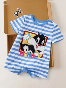 LOONEY TUNES X SHEIN 男婴条纹卡通印花连体衣 - 藍色 - 查看 2