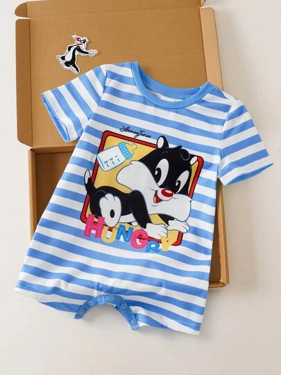 LOONEY TUNES X SHEIN 男婴条纹卡通印花连体衣