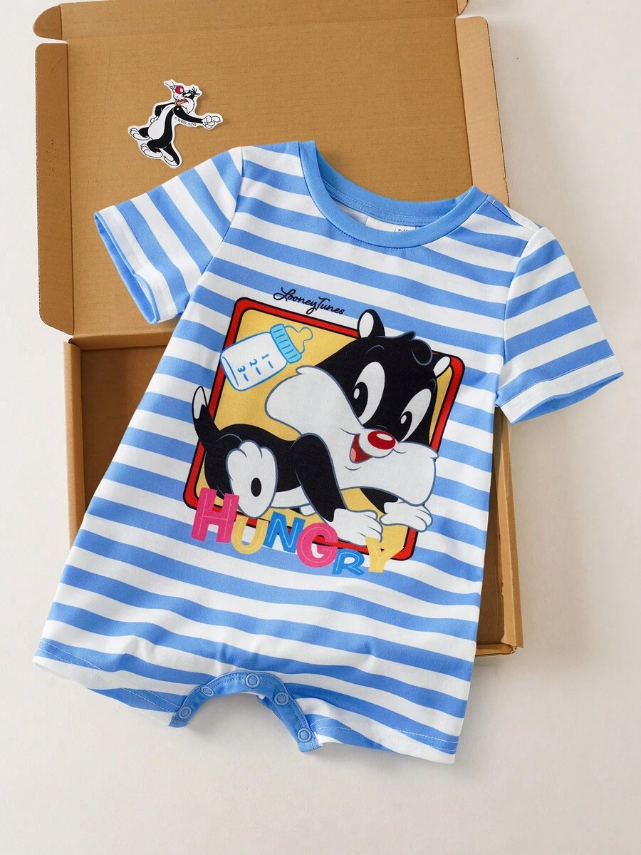 LOONEY TUNES X SHEIN Bộ áo liền quần in hình hoạt hình kẻ sọc cho bé trai - Màu xanh lam - Xem 1