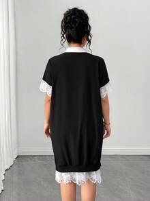SHEIN Clasi 大码夏季休闲通勤撞色蕾丝连衣裙 - 黑色 - 查看 2