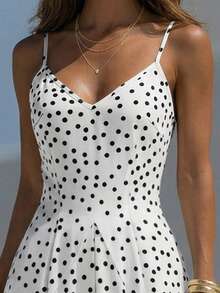 Balvessa French Retro Polka Dot V-Neck Adjustable Strap Ruched Flared Dress For Women - Multicolor - View 3