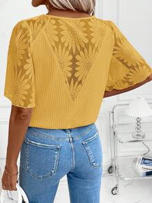 SHEIN Clasi Women's New Elegant Waffle Knit Patchwork Ruffle Sleeve T-Shirt, Versatile For Daily Wear, Commuting And Multiple Occasions,Summer Top - Yellow - View 7