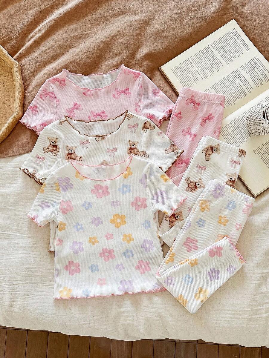 SHEIN LMoss Kids Dozemod Baby Girl Cute Cartoon Bear & Floral Print Ruffle Trim Round Neck Short Sleeve Top And Pants 6-Piece Casual Comfortable Knit Pajama Set - Multicolor - View 1