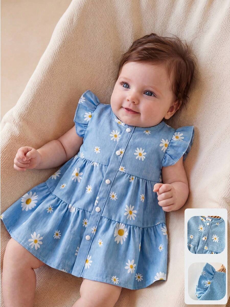 SHEIN Đầm sơ sinh bằng vải Oxford in lụa họa tiết hoa cúc, tay bồng, cài cúc phía trước, thích hợp cho các hoạt động mùa hè, chụp ảnh hoặc mặc hàng ngày. - Màu xanh lam - Xem 1