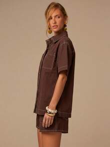 COSMINA Denim 女士纯色短袖单排扣衬衫和短裤休闲牛仔套装，口袋设计，优雅日常牛仔套装，白色牛仔套装，适合日常外出、度假穿着，宽松版型，休闲牛仔套装 - 棕色 - 查看 4