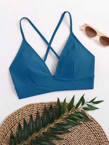 Swim Basics 女士简约纯色交叉露背泳衣上装，夏季 - 水鴨藍 - 查看 3