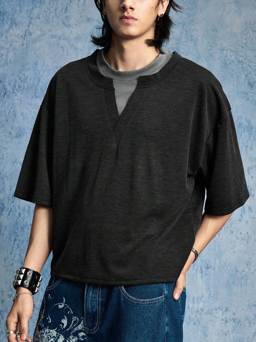 ROMWE MEN Essentials Men's 2 In 1 Contrast Color Collar T-Shirt - Black and White - View 1