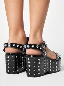 ROMWE Grunge Punk Giày sandal đế xuồng đính kim tuyến, khóa cài nhọn dành cho nữ. - màu đen - Xem 5