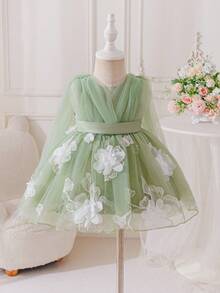 SHEIN Glamorique Kids 女嬰鼠尾草綠刺繡薄紗洋裝附披肩，優雅花童禮服，適合婚禮、生日、派對，夏季無袖蓬蓬公主裙 - 綠色 - 查看 4