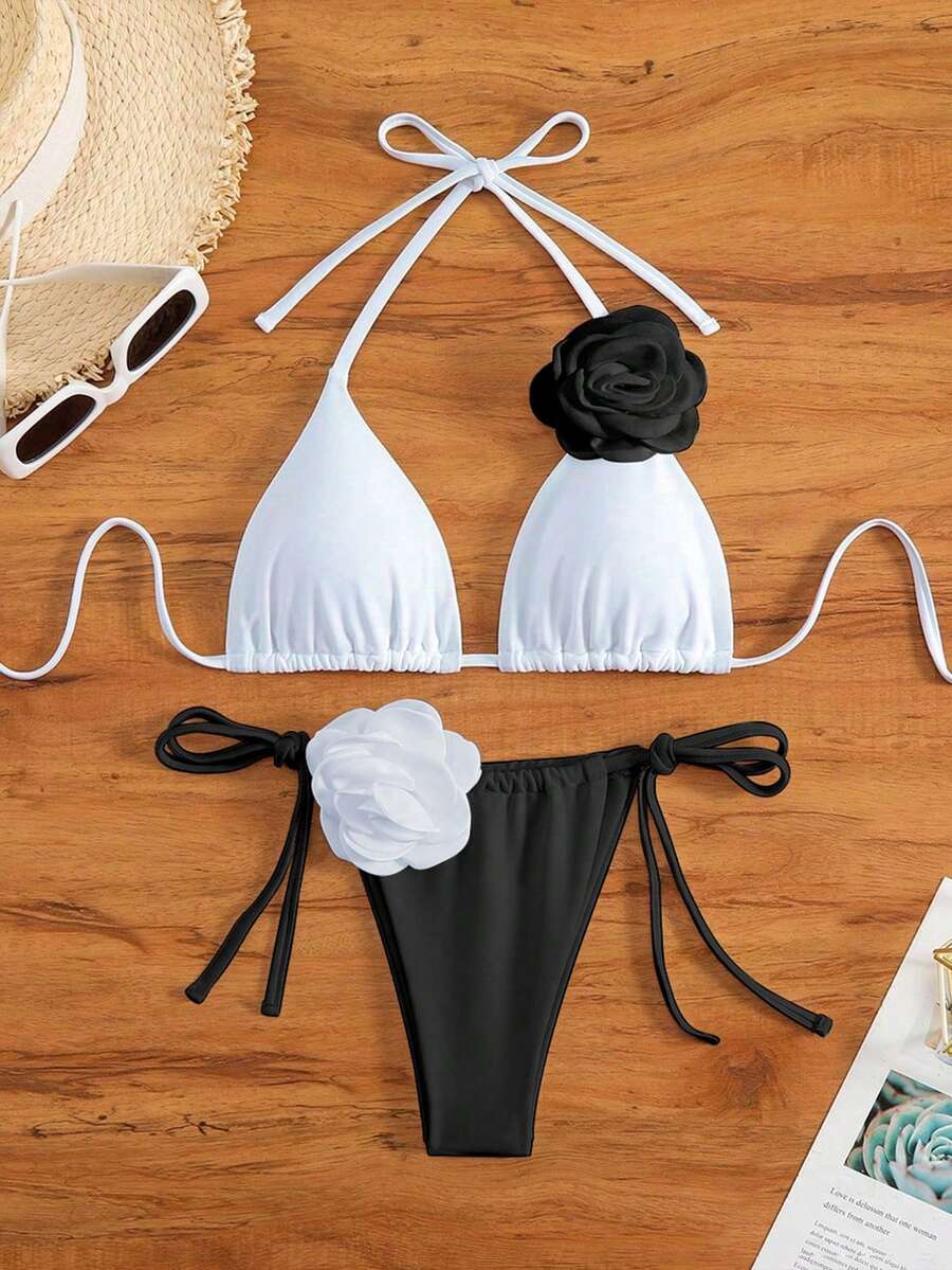 Swim Chiccia 女款性感三角掛脖 3D 花朵黑色比基尼套裝 - 黑與白 - 查看 1