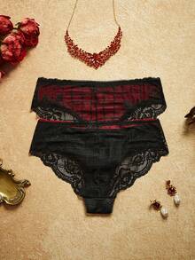 2pcs Women's Charming Black & Red Heart Lace Criss-Cross Mesh Rose Design Panties - Multicolor - View 2