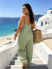 Linhara CURVE Plus Size Casual Plaid Spaghetti Strap Backless Jumpsuit - Pink - View 2