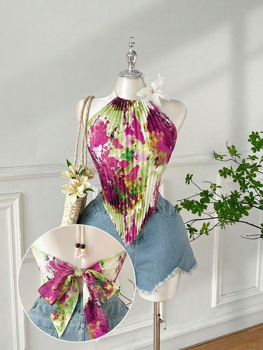SHEIN Comfortcana 浪漫油画印花褶皱加大码不对称下摆无袖背心，夏季 - 乾枯玫瑰色 - 查看 1