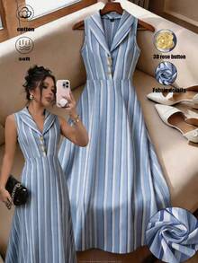Qadelle Đầm maxi nữ mùa Xuân/Hè mới "Sọc xanh cotton mềm mại" phong cách lãng mạn cổ điển Pháp thanh lịch, thắt eo, xòe rộng, trang trí hoa hồng 3D, đầm sơ mi hoa cài cúc, đầm dài không tay, đầm maxi mùa hè duyên dáng, đầm dạ hội họa tiết sọc xanh, đầm dự tiệc trang trọng. - Xanh và trắng - Xem 6
