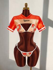 Amplova 3 pièces Top style jersey avec imprimé numérique et bas de bikini triangle, avec crop top super court ajouré. Tenue de plage sexy et à la mode pour les vacances - Orange - Voir 2