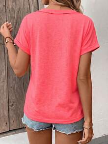 SHEIN LUNE Women's Solid V-Neck Casual Versatile Daily Wear Short Sleeve T-Shirt - Coral Pink - View 2