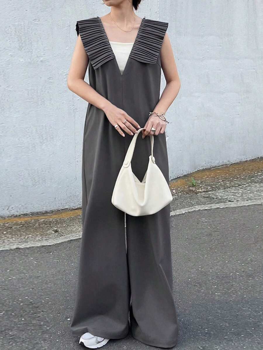 FRIFUL 女士褶皱荷叶边吊带宽松阔腿连体裤家居服套装 - 深灰色 - 查看 1