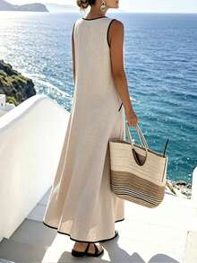 SHEIN Holidaya Vestido de verano sólido de color albaricoque, holgado, con cuello redondo, sin mangas y con parches negros, elegante y casual para vacaciones de mujer - Albaricoque - Ver 2