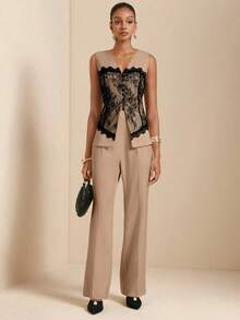 Vesra Lace Patchwork Long Sleeve V-Neck Fitted Shirt & Flared Pants Elegant 2-Piece Set For Women - Khaki - View 5