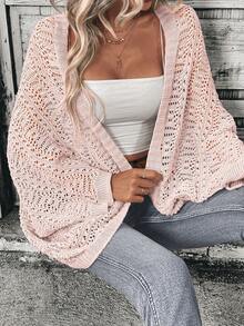 SHEIN LUNE Women's Casual Solid Color Hollow Out Cardigan - Pink - View 3