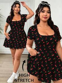 Solflare Casual Minimalist Cherry Print Plus Size Women Short Sleeve Jumpsuit, Suitable For Summer - Multicolor - View 1