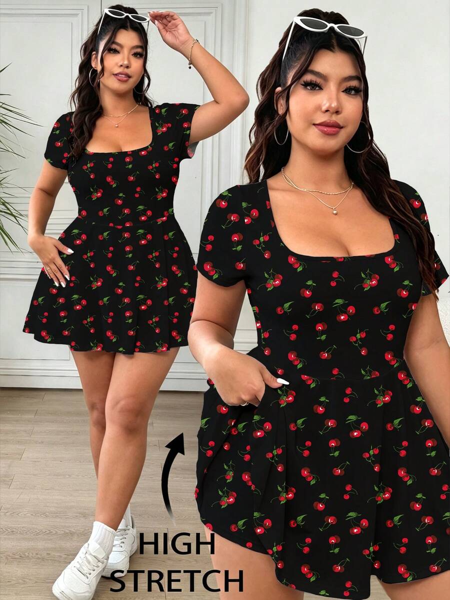 Solflare Casual Minimalist Cherry Print Plus Size Women Short Sleeve Jumpsuit, Suitable For Summer - Multicolor - View 1