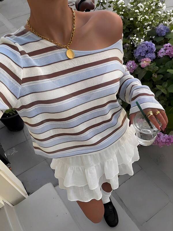 Muchica Casual Retro Y2K Versatile Party Airport Outfit Semi-Sheer Blue White Beige Striped Print Pattern, Music Festival Outfit, Women Summer Outfit, Asymmetrical Shoulder Long Sleeve Women T-Shirt