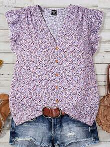 SHEIN Clasi Plus Size Casual Ditsy Floral Shirt - Mauve Purple - View 1