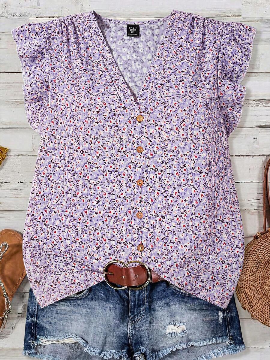 SHEIN Clasi Plus Size Casual Ditsy Floral Shirt - Mauve Purple - View 1