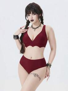 ROMWE Goth 女款 2026 春夏新款 V 領蝙蝠袖下擺露背高腰三角比基尼套裝，2 件式泳衣套裝 - 酒紅色 - 查看 1