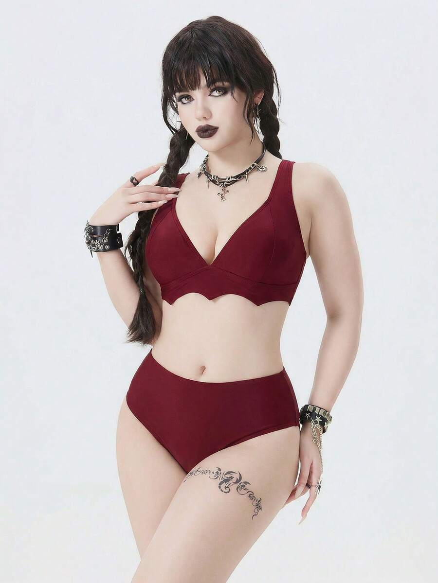 ROMWE Goth 女款 2026 春夏新款 V 領蝙蝠袖下擺露背高腰三角比基尼套裝,2 件式泳衣套裝 - 酒紅色 - 查看 1
