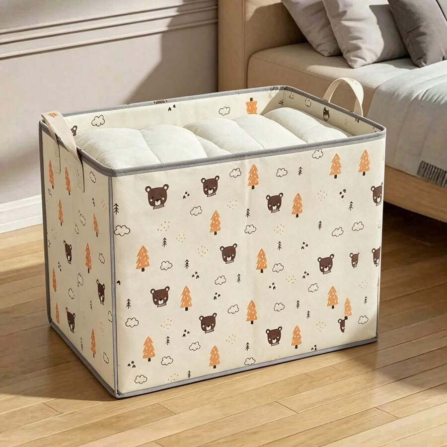 Caja de almacenamiento de ropa plegable de gran capacidad con asa, el lindo patrón de oso y árbol hace que la organización del hogar sea divertida, bolsa de almacenamiento de ropa de cama portátil reforzada, organizador de armario ahorra espacio para el dormitorio, el hogar y la residencia estudiantil, de uso múltiple como cesta de lavandería o almacenamiento de juguetes - Multicolor - Ver 1