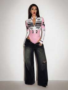 SHEIN ICON 女士字母印花长袖拉链半开襟休闲连体衣 - 彩色 - 查看 5
