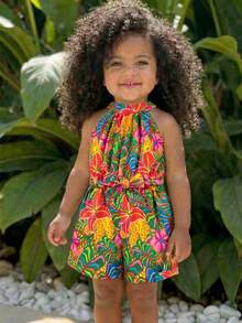 SHEIN Bộ áo liền quần cổ yếm in hoa cho bé gái, trang phục thường ngày cho kỳ nghỉ. - Nhiều màu - Xem 3