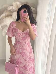 Modelyn Đầm dài ngắn tay dệt in họa tiết dành cho nữ, thắt eo - Hồng - Xem 1