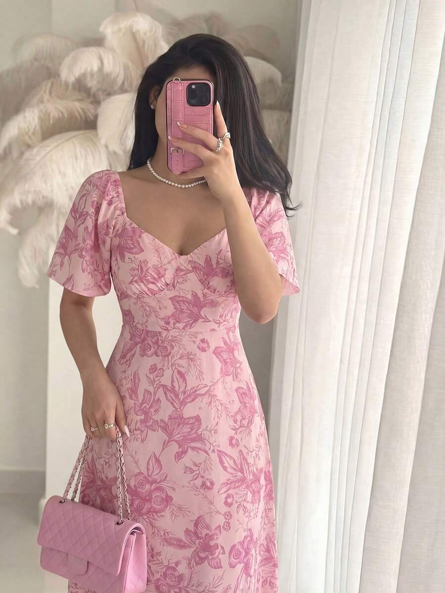 Modelyn Đầm dài ngắn tay dệt in họa tiết dành cho nữ, thắt eo - Hồng - Xem 1