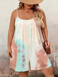 SHEIN CURVE+ Bộ áo liền quần xếp ly nhuộm màu tie-dye dáng rộng thoải mái với dây đeo mảnh dành cho nữ CURVE PLUS, trang phục đi biển Hoho cho nữ/váy đi biển/trang phục nghỉ mát đi biển/đồ cần thiết đi biển/váy tốt nghiệp/váy dự tiệc trà - Nhiều màu - Xem 4