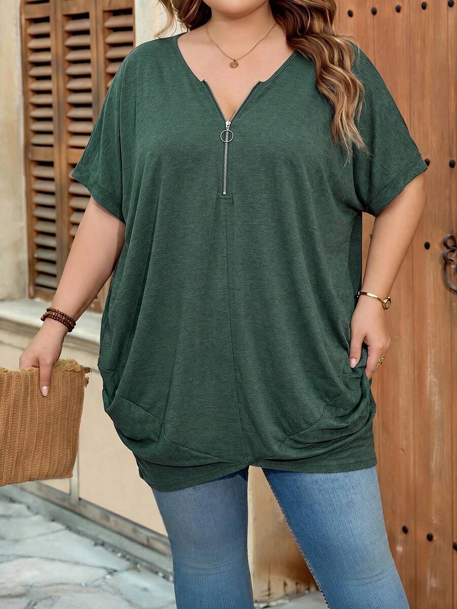 SHEIN CURVE+ Curve 尺码 US22 音乐节、海滨度假、波西米亚风女式纯色拉链半拉链短袖休闲宽松T恤 女式上衣 黑色上衣 休闲上衣 T恤 - 軍綠色 - 查看 1