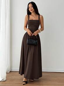 PETITE Vestido evasé de unicolor marrón café con cuello cuadrado elegante para mujer, primavera/verano - Café integral - Ver 10