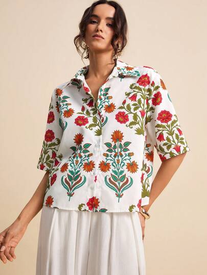 LOTSLUV Women's Tropical Floral Print Short Sleeve Casual Loose Shirt, Spring/Summer