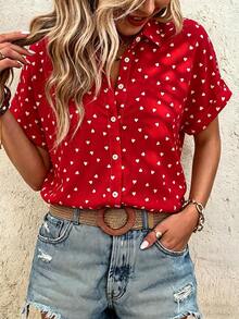 EMERY ROSE Camisa de mujer con botones e impresión, de manga corta, informal, perfecta para primavera y verano, lavable a máquina - Multicolor - Ver 1