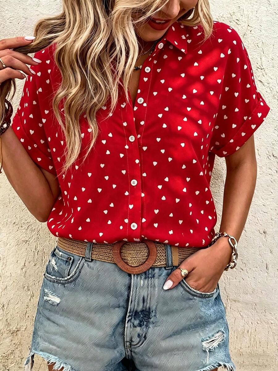 EMERY ROSE Camisa de mujer con botones e impresión, de manga corta, informal, perfecta para primavera y verano, lavable a máquina - Multicolor - Ver 1