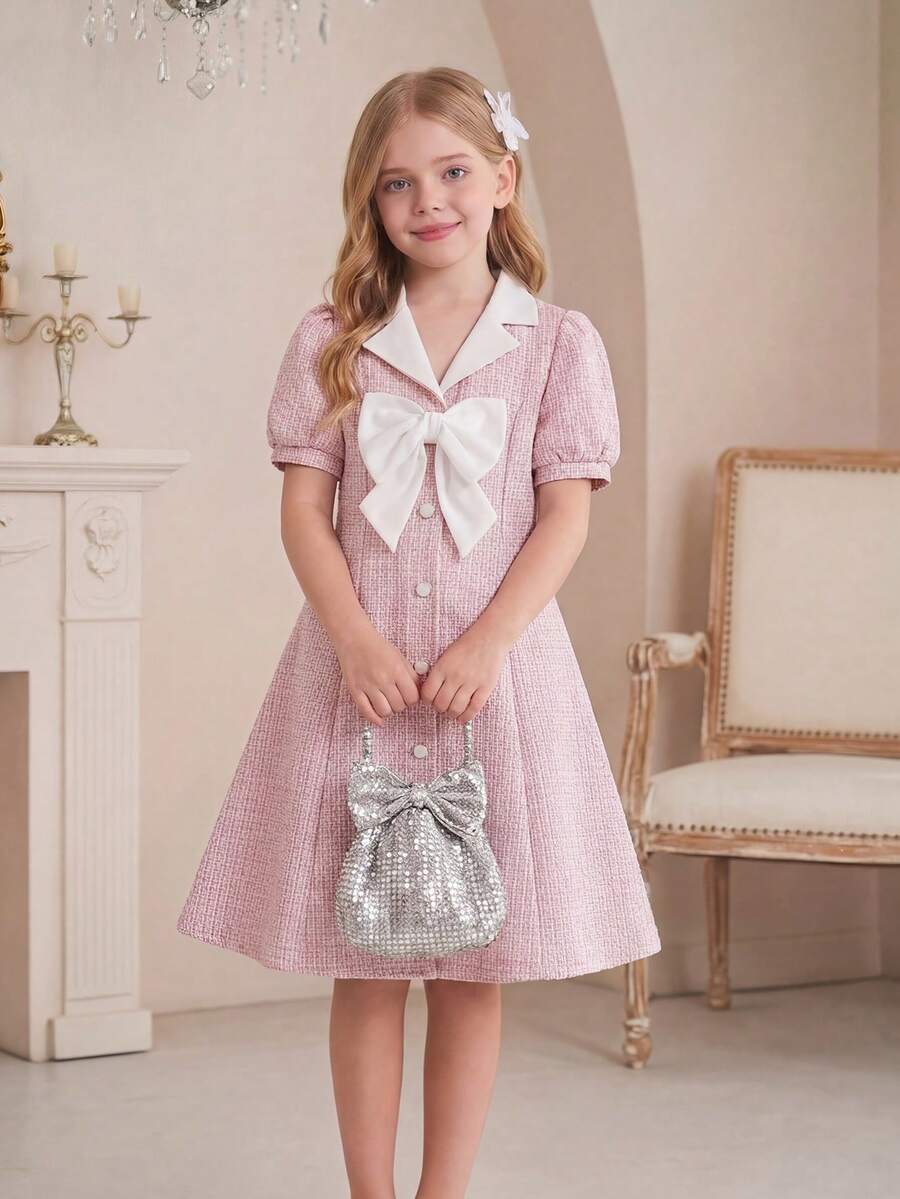 Elladie kids 少女配色拼接蝴蝶結裝飾時尚度假泡泡袖洋裝 - 粉色 - 查看 1
