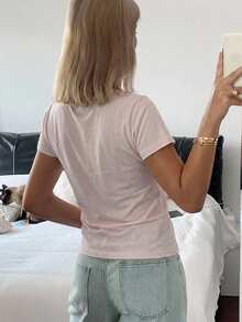 Livesso 女士休闲印花圆领短袖T恤 - 粉色 - 查看 3