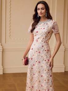 ZEYLAH Vestido de manga corta con cintura ceñida, de longitud media, con malla bordada con lentejuelas para mujer - Champán - Ver 5