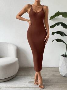 SHEIN Clasi 女士纯色优雅收腰针织吊带连衣裙，适合约会和派对穿着 - 棕色 - 查看 5