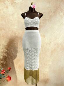 Swim SXY Women's Elegant Vacation White Crochet Camisole Crop Top Paired With Long Fringed Skirt - White - View 6