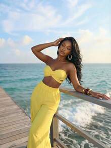 Slaydiva 早春新款，春夏音乐节，情人节，复活节，婚礼季，假日季，海滩度假，休闲，优雅，通勤，日常穿着，工作装，度假，派对，邮轮，派对，基础款，日常约会，无肩带，心形领口，露腰，打结设计，露脐上衣，背心+阔腿裤，超长裤，浅黄色套装，女士两件套 -A - 淡黃色 - 查看 10