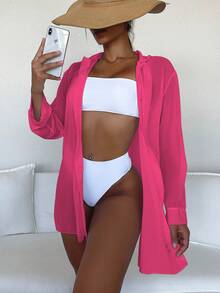 SHEIN Swim 鏤空前紐扣和服罩衫 - 玫紅色 - 查看 3