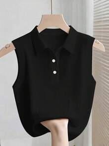 GlowEve CURVE Plus Size Women Summer Casual Daily Commute Minimalist Solid Color Ribbed Knit Polo Neck Tank Top - Black - View 1